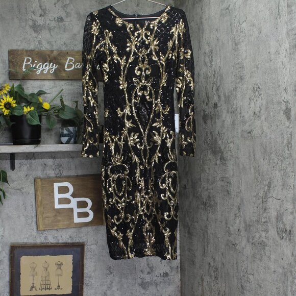 NWT B&A by Betsey & Adam Sequin Embellished Long Sleeve Dress Black / Gold 8 - Picture 3 of 6